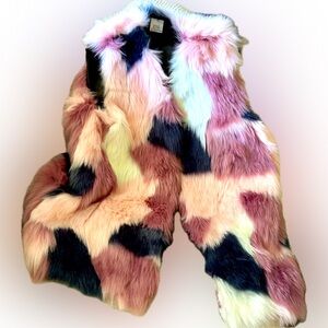 large faux fur large pink blue white vest